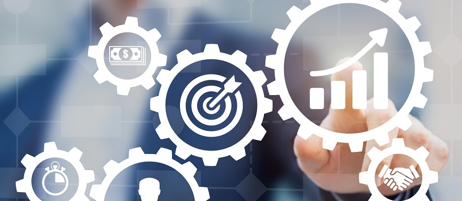 Business process management and workflow automation diagram with gears and icons with flowchart in background