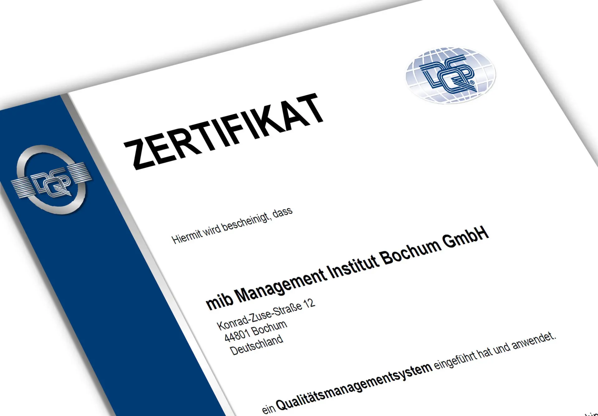 DQS Zertifikat für die Rezertifizierung des Managementsystems bei mib