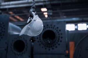 Weißer Helm hängt an Haken in Fabrikhalle