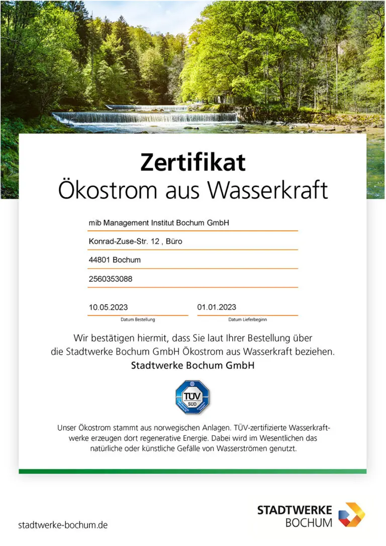Zertifikat der Stadtwerke Bochum - Ökostrom aus Wasserkraft